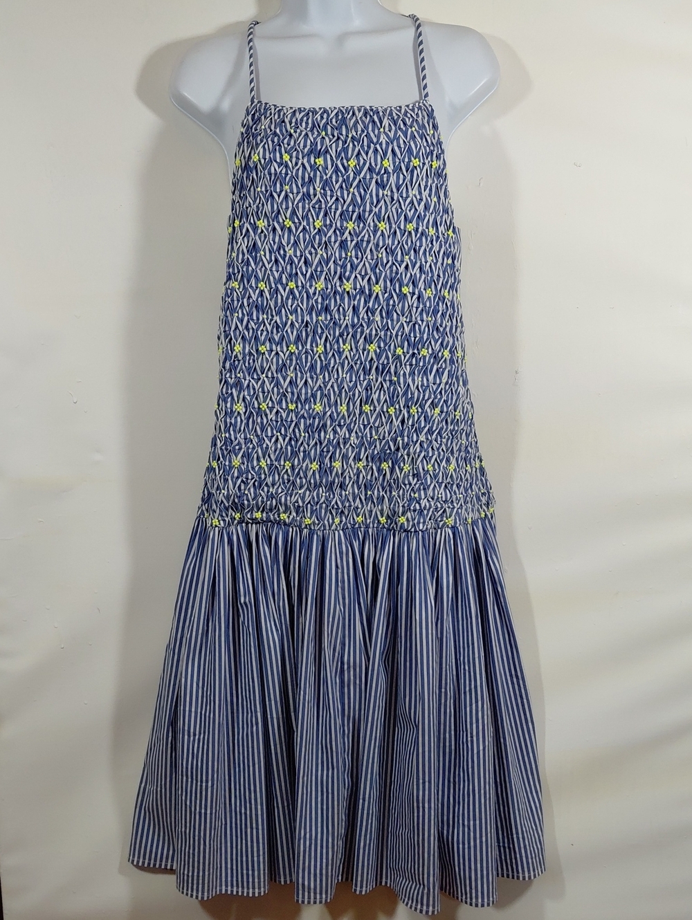 Tanya Taylor Women's Blue White Striped Smocked Drop Waist Sundress Size XS